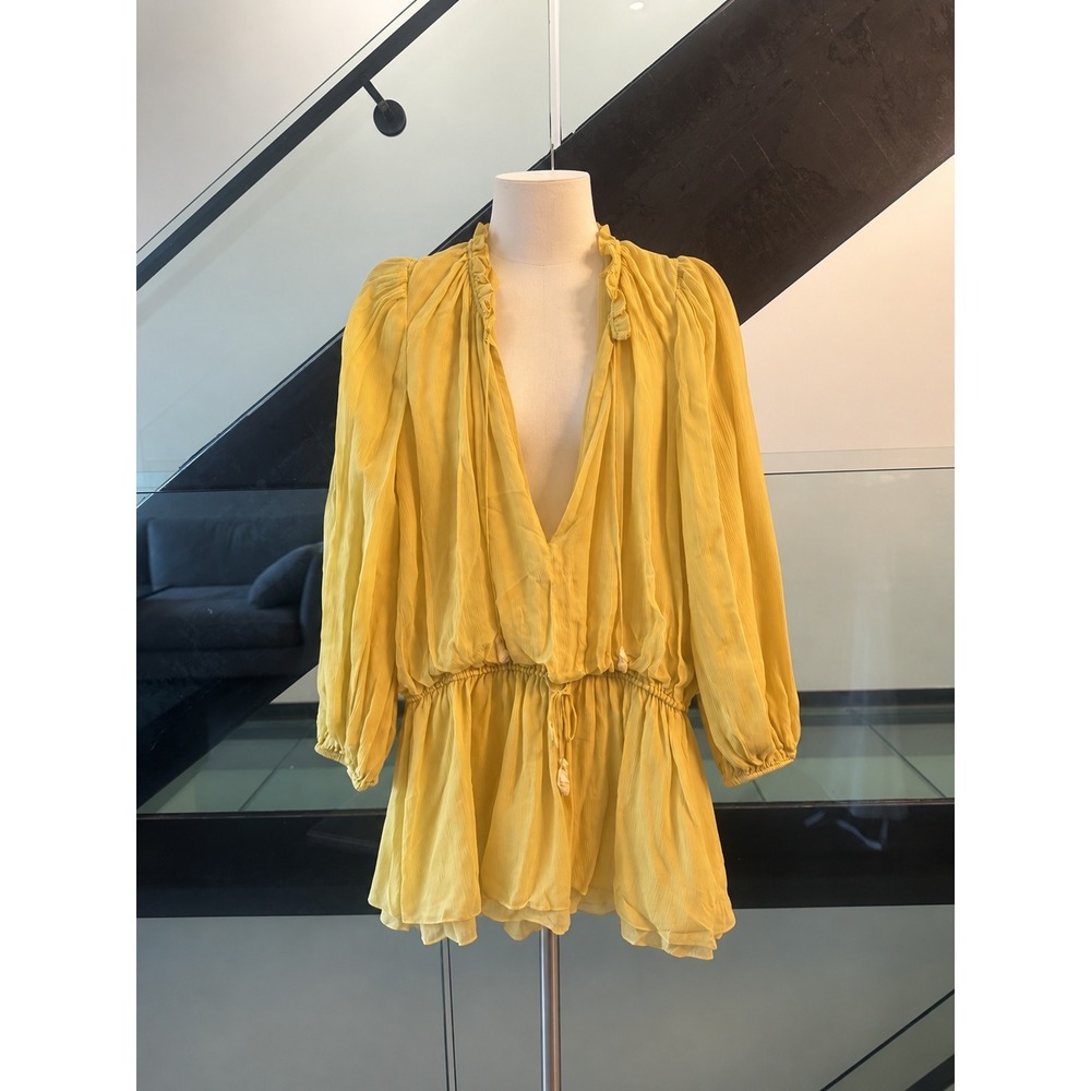 Tularosa Yellow 100% Silk Ruffle V-Neck Mini Dress XS New
